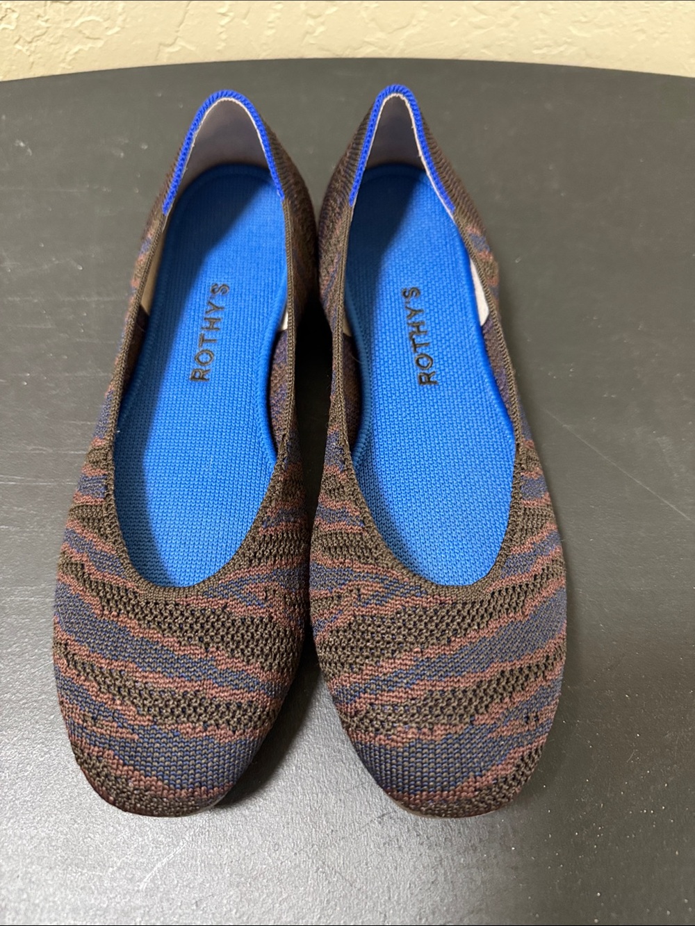 Rothy's Navy & Brown Knit Ballet Flats with Bright Blue Insole